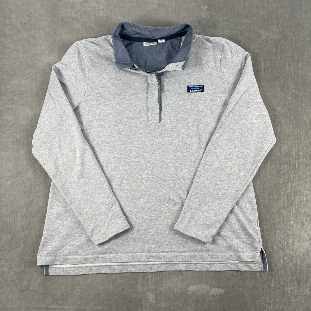 LL Bean Men XL Gray Pullover Sweatshirt Long Sleeve Henley Logo Patch 6257